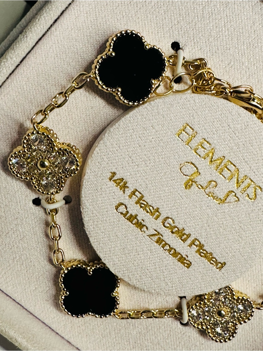 Elements of Love 14K Flash Gold Plated Black Clover Bracelet with Cubic Zirconia